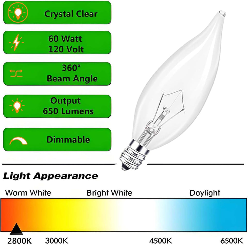 E12 Candle Light Bulbs, 60W Candelabra Light Bulbs, B10 Clear Candle Base Bulb with Warm White 2700K, 600 Lumen