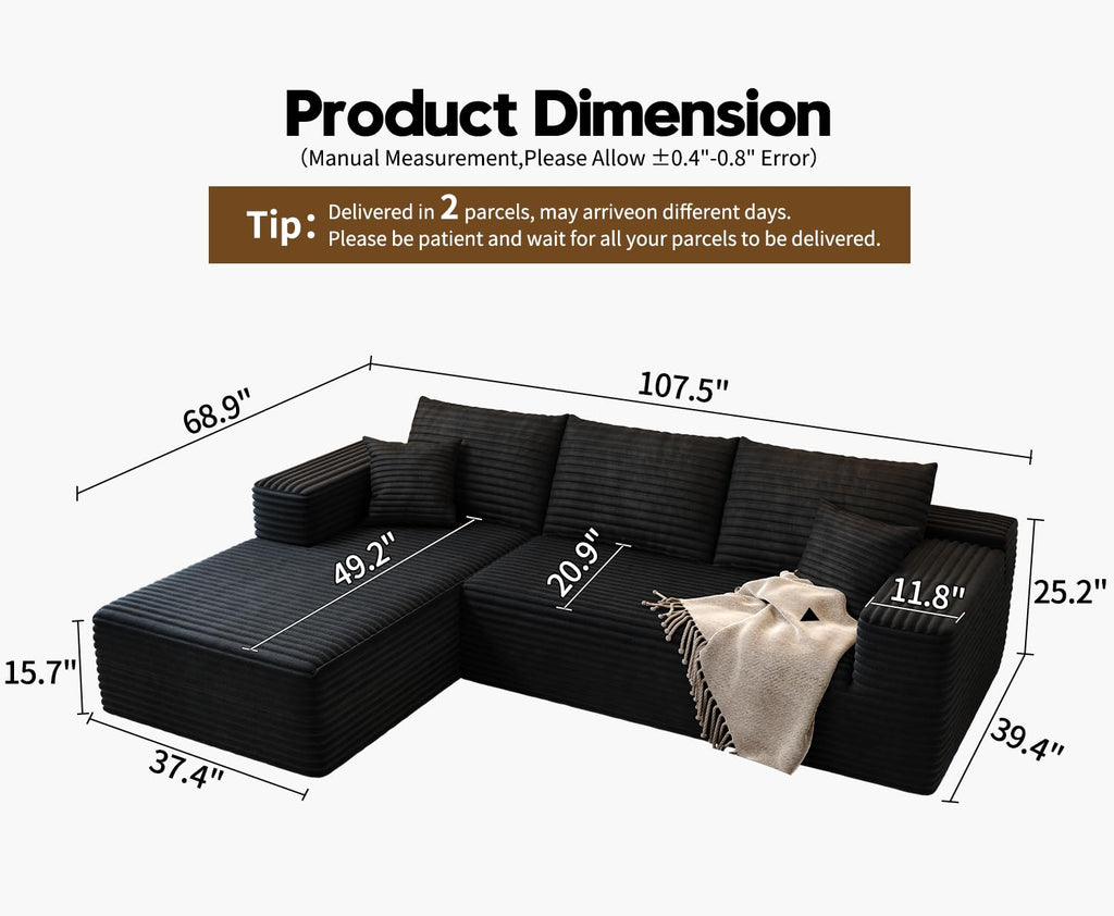107.5" Cloud Modular Sectional Sofa Couch with L-Shape Chaise, Modern Minimalist Upholstered Couches Bedroom, Deep Seat