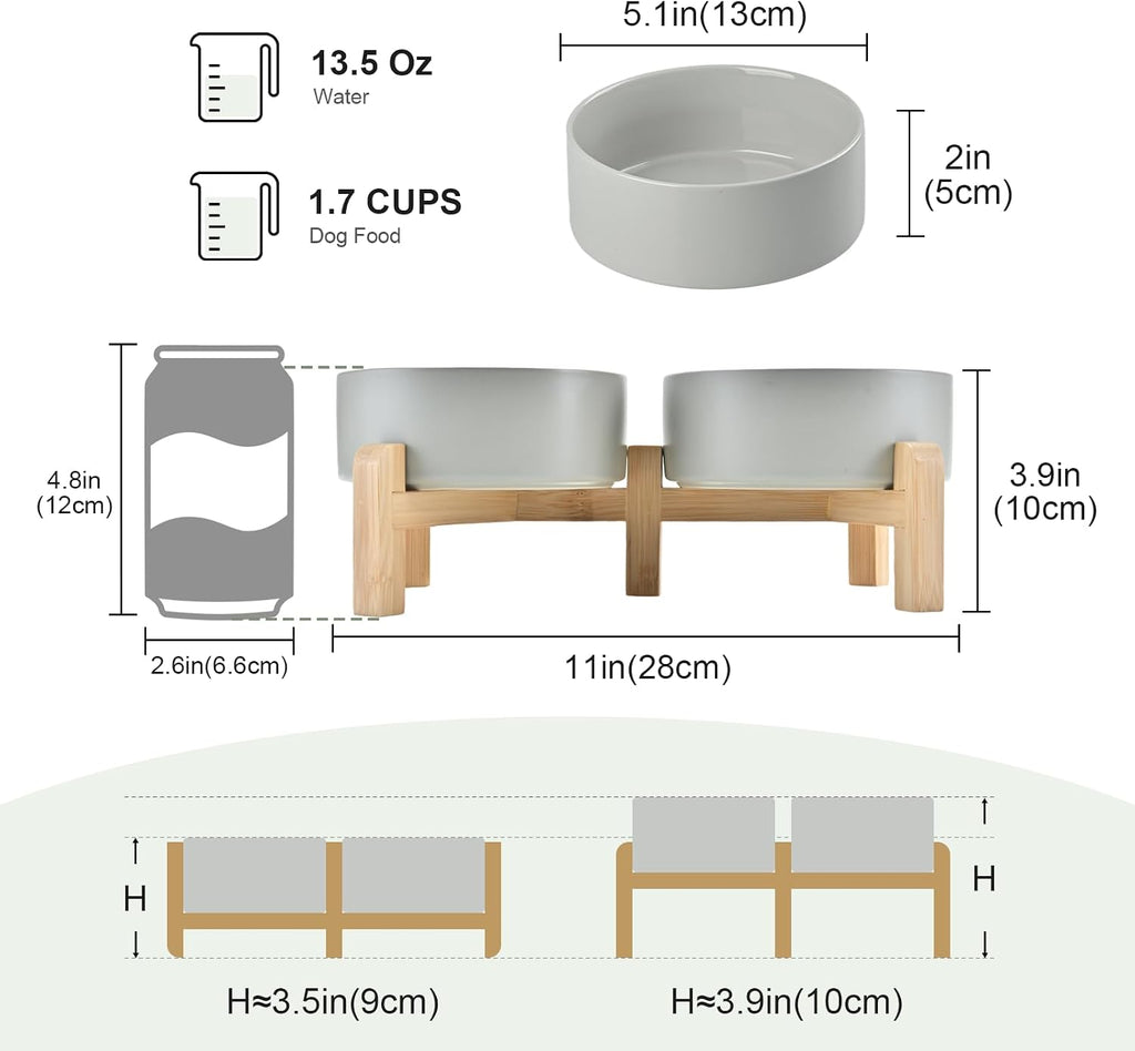 Elevated Dog Bowls Ceramic, 5.1'' Dogs and Cat Food Water Bowls Raised with Non-Slip Bamboo Stand for Puppy Small