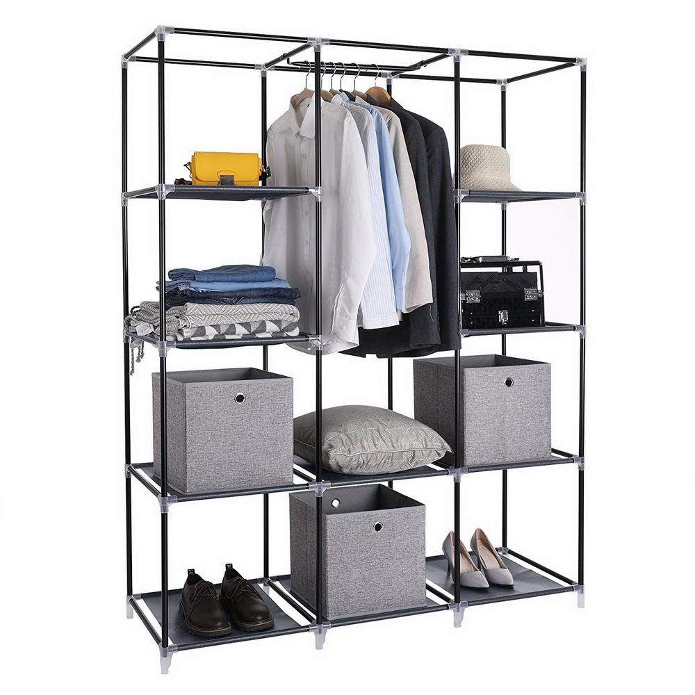 Portable Closets Freestanding Closet Organizer Clothes Wardrobe Garment Rack Dustproof Non-Woven Cover with Storage