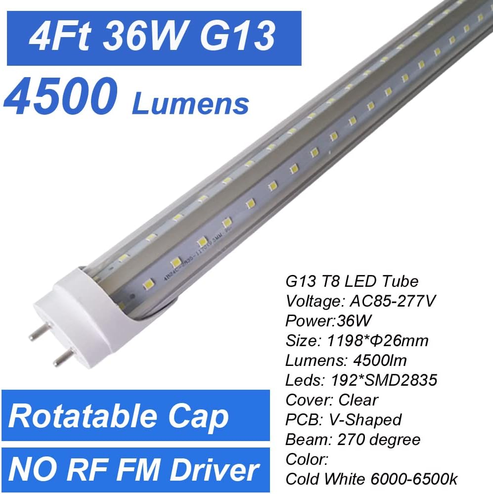 T8 LED Light Bulbs 4 Foot, 36W 6500K Cool White, Type B Tube Light, Double Ended Power, Fluorescent Replacement 4FT