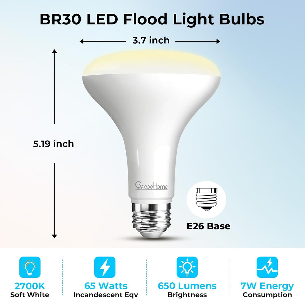 12 Pack BR30 LED Flood Light Bulbs, 7W (65W Equivalent), 2700K Soft White, 650 Lumens, E26 Base, Dimmable, Indoor