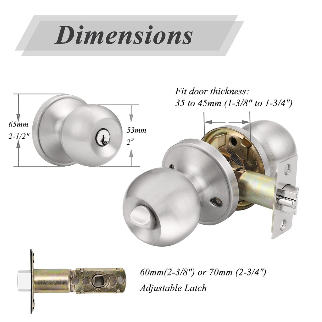 2 Pack Keyed Alike Door Knobs Combo Pack, Brushed Nickel Ball Entry Door Knobs Entrance Lockset, Interior Exterior