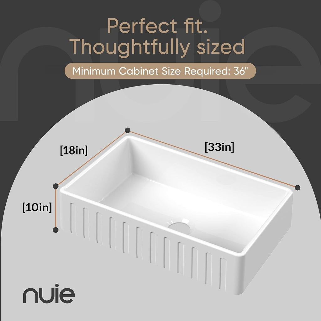 White Kitchen Sink 33 inch Single Bowl Apron Fluted Front Farmhouse Sink with Central Drain Position, Fireclay