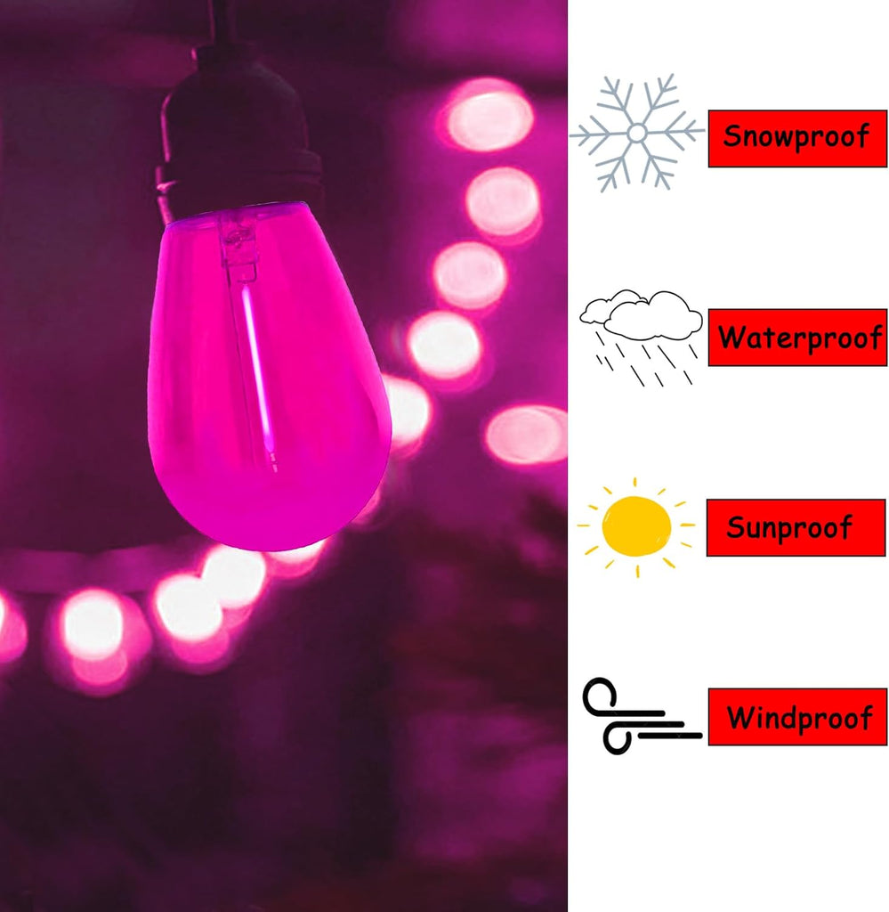 S14 Pink LED Bulb 1W Shatterproof Replacement Light Bulb E26 Base LED Filament Edison Colored Lights Waterproof