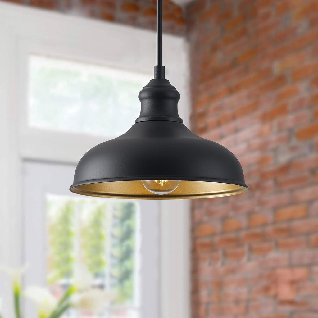 10in Dome Outdoor Pendant Barn Lights Black Kitchen Island Pendant Lamp with Brass Interior
