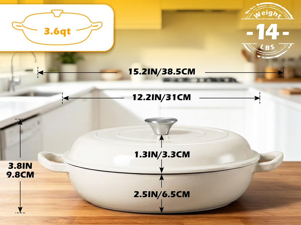 3.6QT Enameled Cast Iron Skillets Braiser Pan with Lid, Cream White