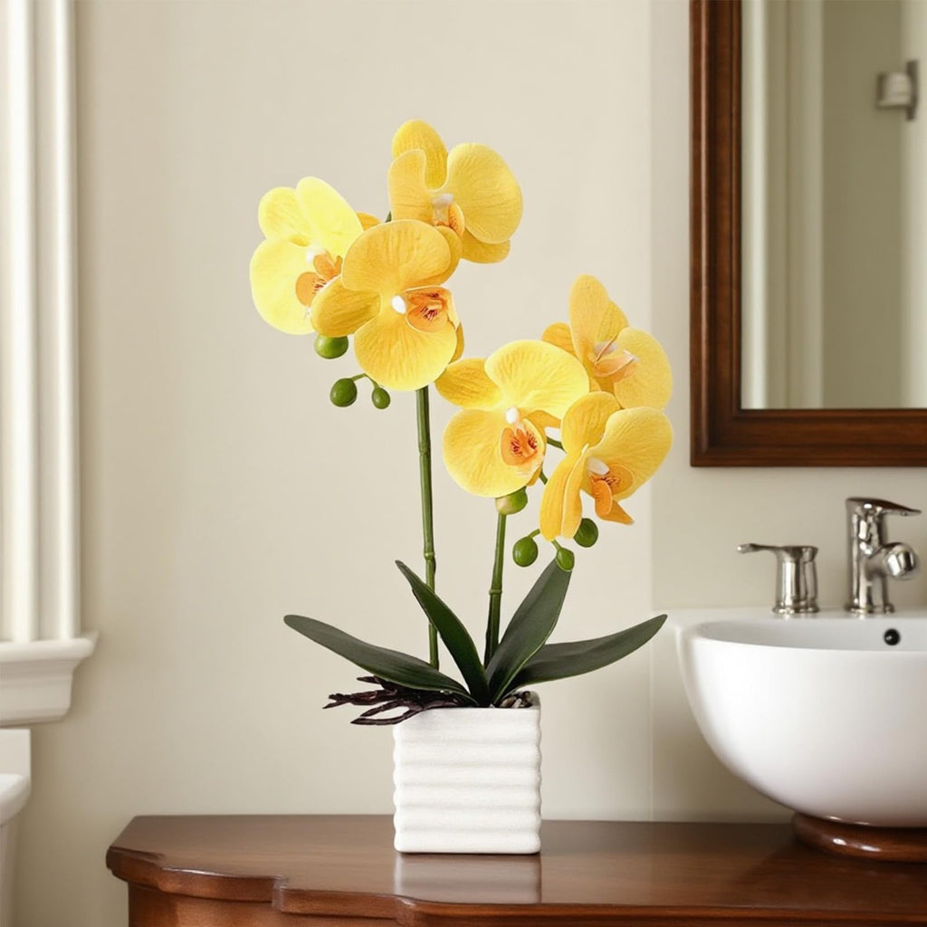 Artificial Orchids Decor Indoor with Vase Orchids Artificial Flowers Yellow Orchid Height 14 inches