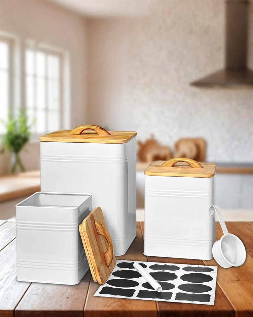 Kitchen Canister - Large 7 Qt Flour and Sugar Containers Airtight - White Metal Food Storage Jars - Set of 3