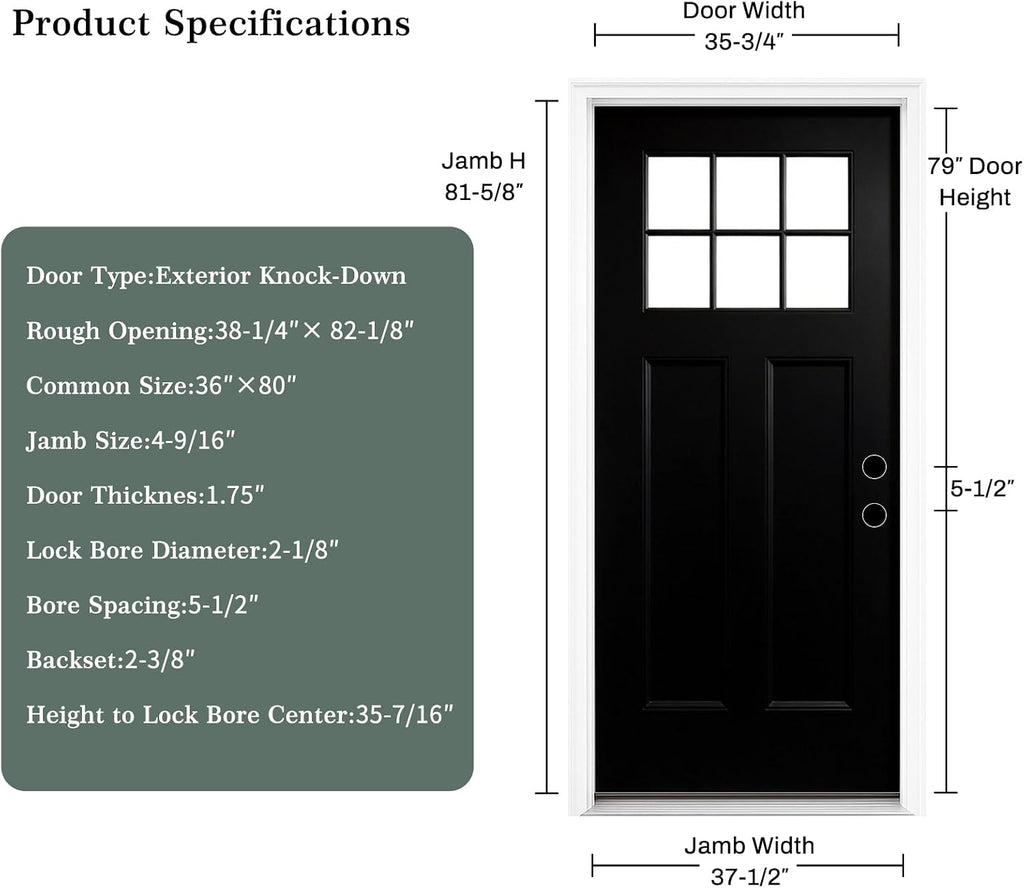 Fiberglass Entry Door, 36'' x 80'' Front Exterior Door with Brickmould and Vinyl Frame, Right Hand Inswing White