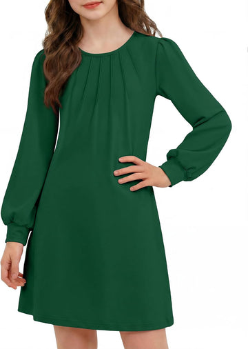 Girls Long Sleeve Dress Fall Pleated Front A-Line Casual Dresses