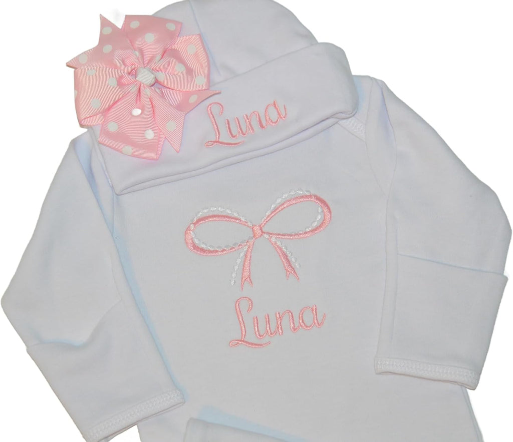 Newborn Baby Girl Gift Bundle Set 11 Pc Set, Romper Bodysuit Bloomers Bib and Burp Cloth - Pink and White Pearls