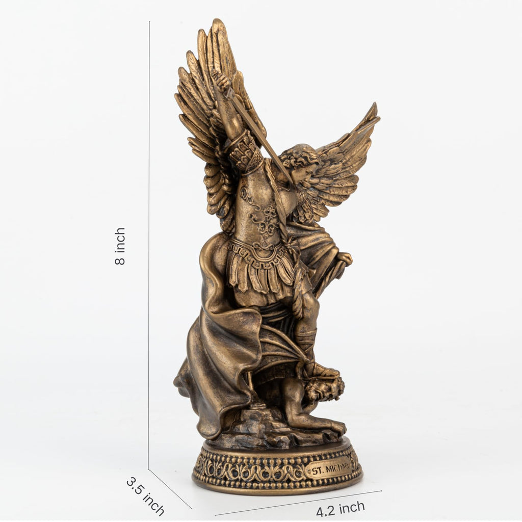 8" H Saint Michael Statue Painted in Black Bronze Finish, Resin San Miguel Figurine with Name Plate, Great Protector