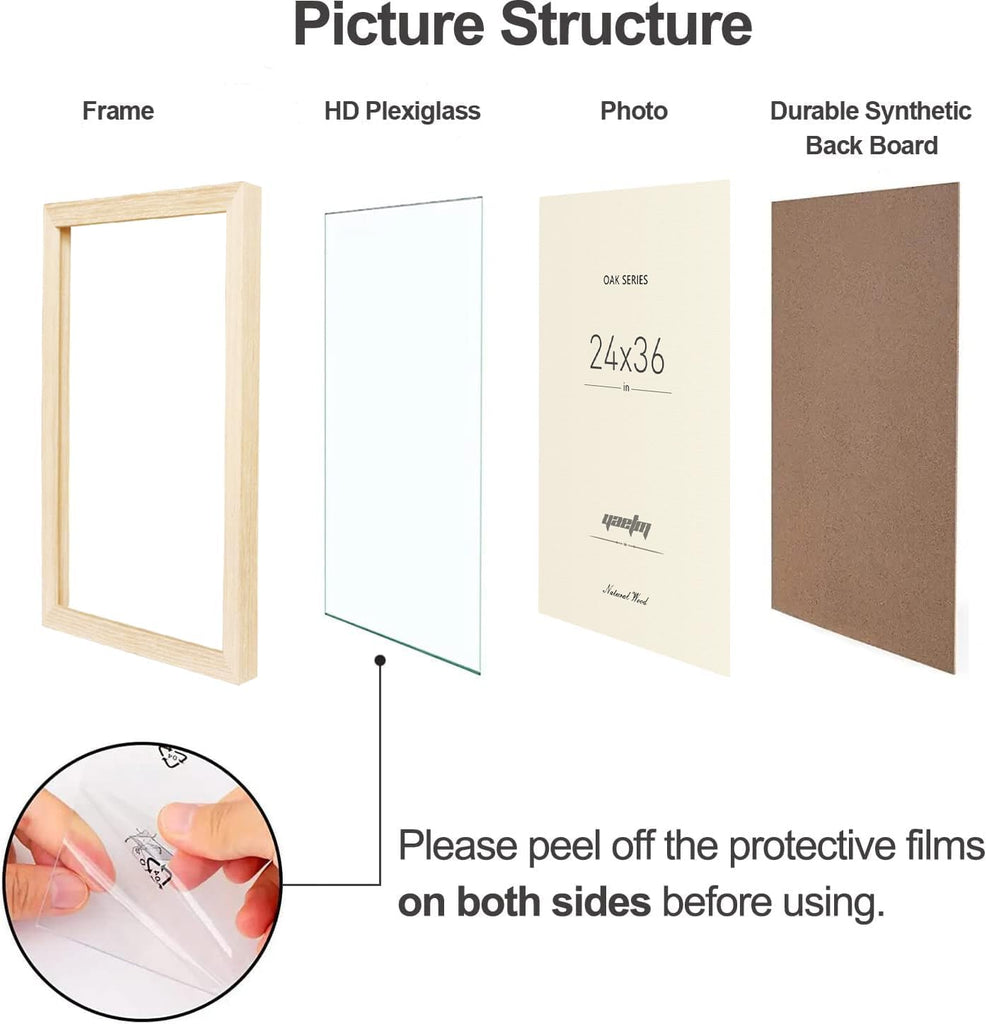 24x36 Oak Frames Set of 3, Wide Molding, Natural Solid Wood 24x36 Poster Frame, Display Large Picture with Plexiglass