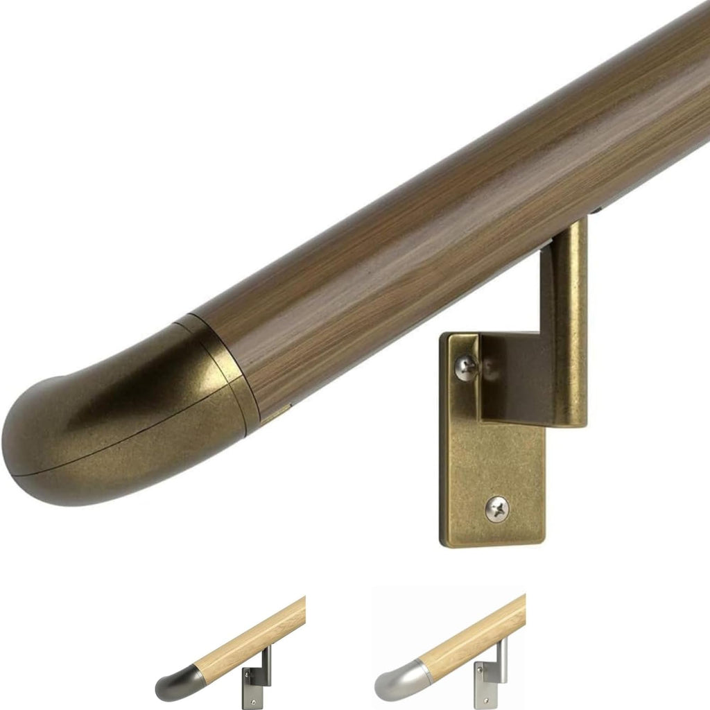 Walnut 7ft ADA Handrail Kit - Complete Indoor Stair Handrail - Modern 1.6" Round Genuine Wood Wrapped Aluminum Core