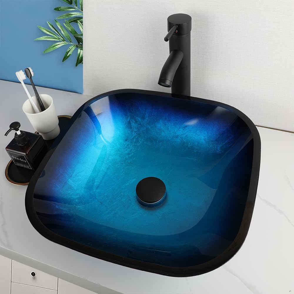 HM HomeMieco 17 Inch Square Blue Glass Vessel Sink Bathroom Bowl Sink with Faucet and Drain