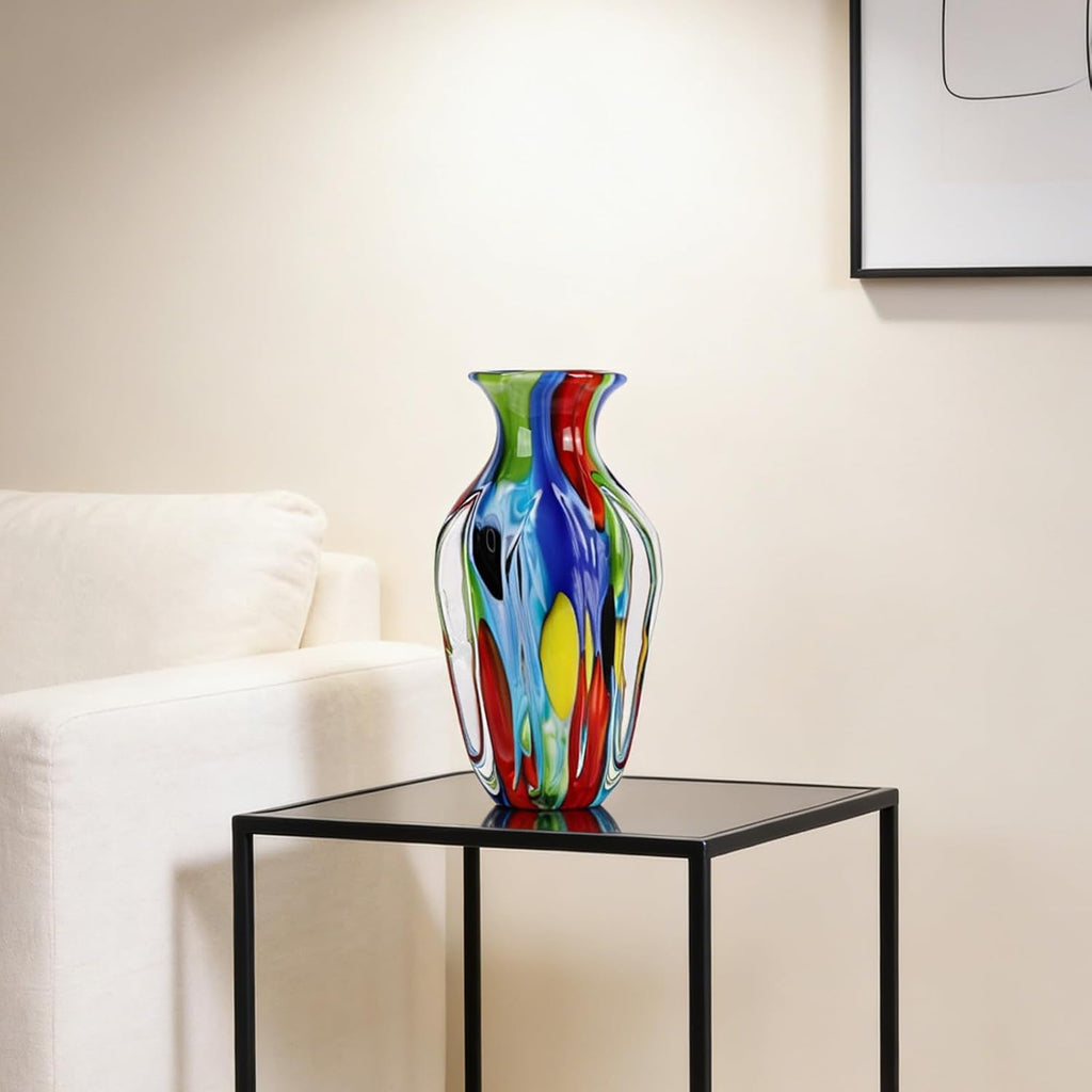 14" H Hand Blown Art Glass Vase, Multicolor Decorative Flower Vase with Wide Mouth Opening, Heavy Artistic Glass