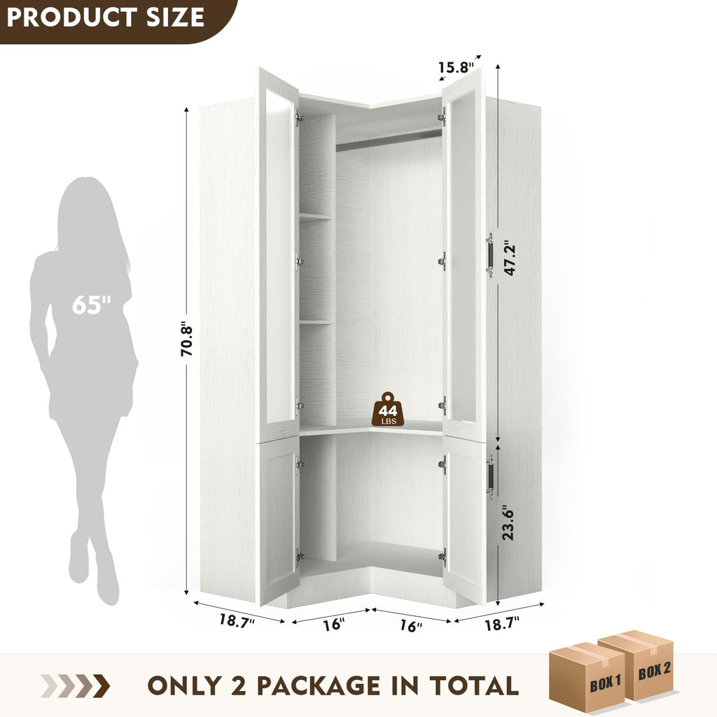 L-Shape Armoire Wardrobe Closet with Frosted Glass Door, 70.9''H Bedroom Clothing Storage Cabinet with Hanging Rod