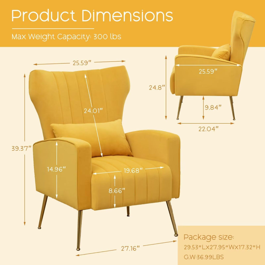Accent Chair High Back Arm Chair, Upholstered Wingback Armchair with Golden Legs Lumbar Pillow, Single Sofa Reading