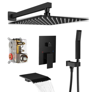 Matt Black Shower System Rain Faucet Set with Tub Spout, 12 inch