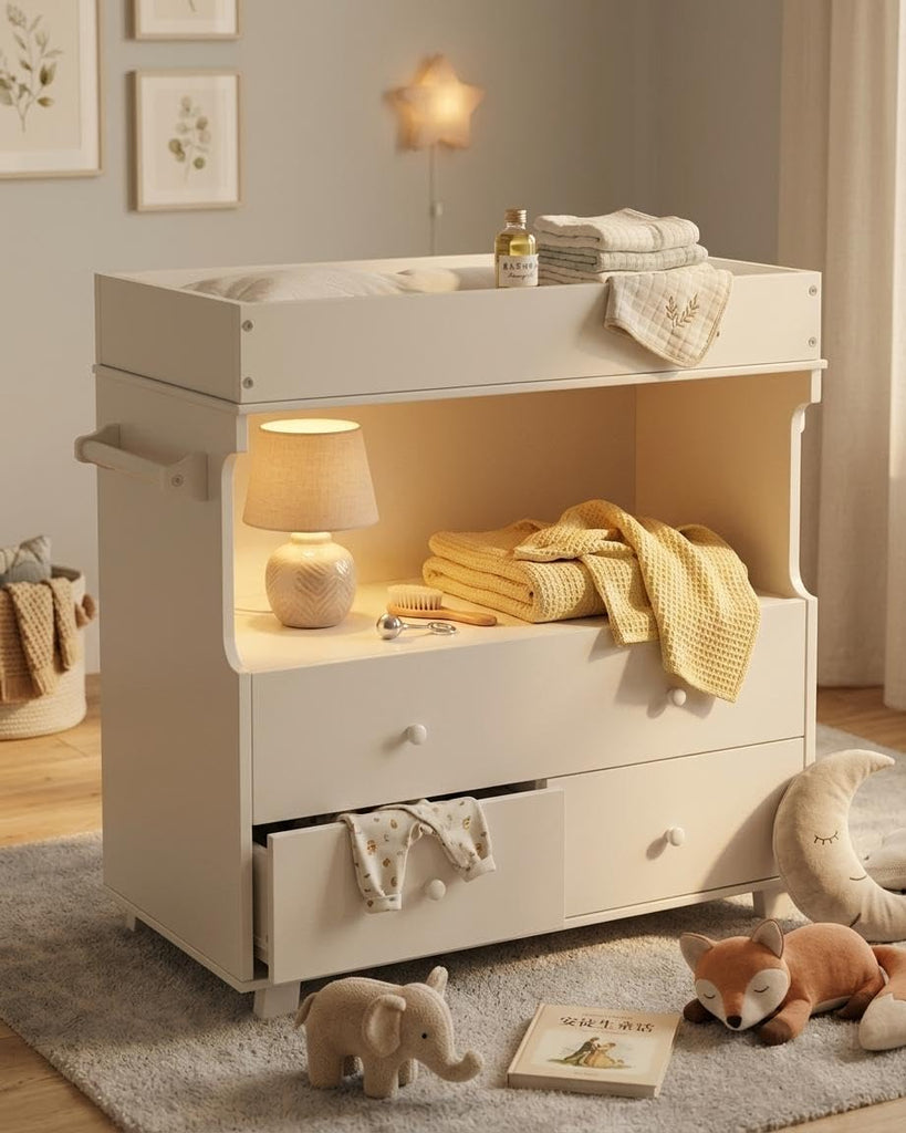 Baby Changing Table with Drawer and Storage Shelves | Heavy Duty Diaper Station , White Wooden Changing Table with