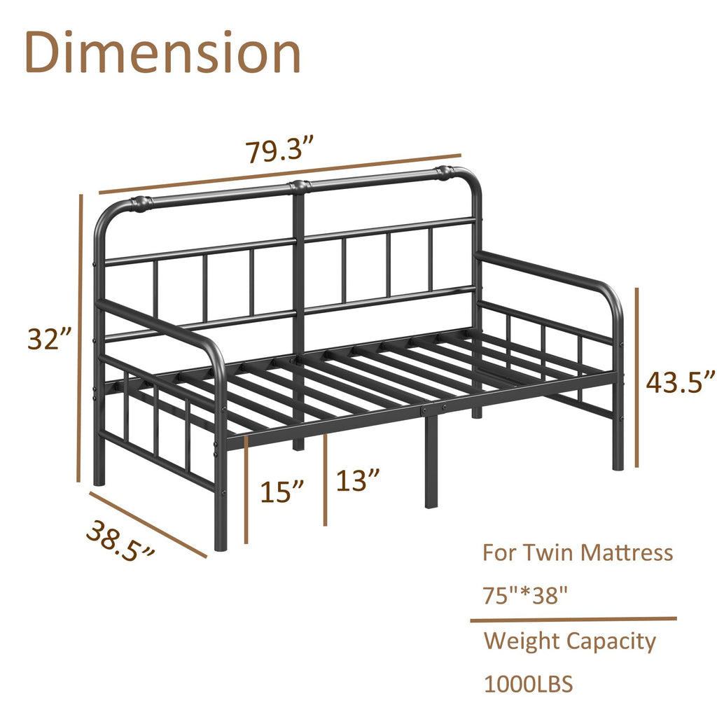 Daybed-Metal-Twin-Size-Bed-Frame - with Headboard, Heavy Duty Steel Slats Support Guest Room, No Box Spring