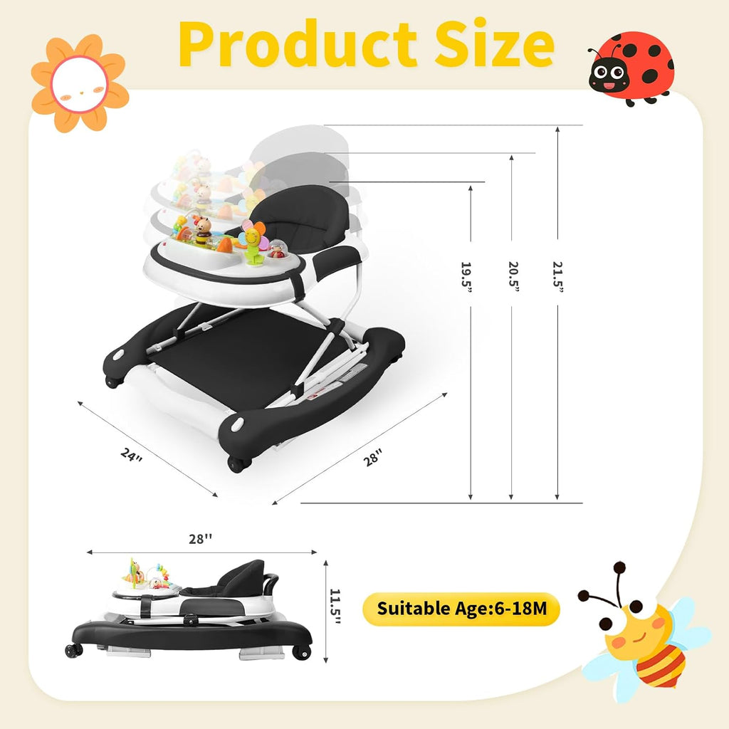 5 in 1 Baby Walker, Music and Lights Walker for Baby Boy Girls 6-12 Months, Foldable Baby Walkers with Wheels