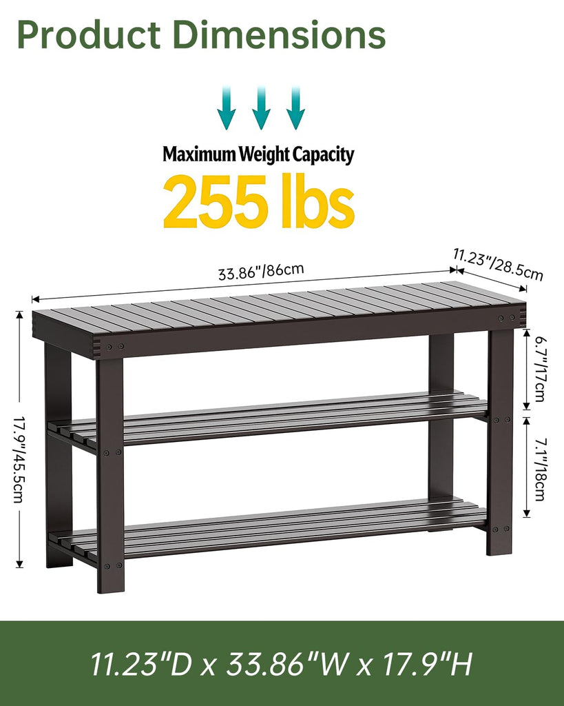 Sturdy Bamboo Shoe Rack Bench, 3-Tier Shoe Organizer, Storage Shelf Hallway Bathroom Living Room (Dark Brown)
