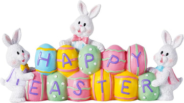 3 Bunny Holding Eggs and Happy Easter Decorations, Resin Easter Bunny Rabbits Figurine Tabletop Centerpiece