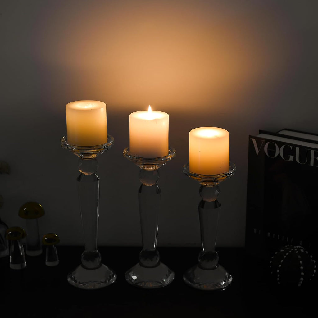 Crystal Candle Stick Holders Set of 3, Clear Crystal Taper/Pillar Candles Holder Table Centerpieces for Party and