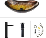 Bathroom Boat Shape Artistic Glass Vessel Sink Free Black Faucet and Pop-up Drain Set, Gold
