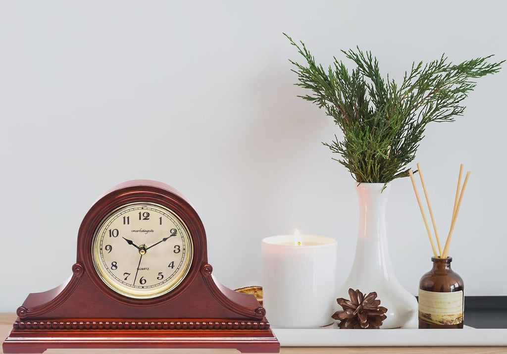Mantel Clock, Battery Operated, Silent Wood Table Clock with Westminster Chimes, Maroon Arabic Numerals, 9" x 16" x 3"