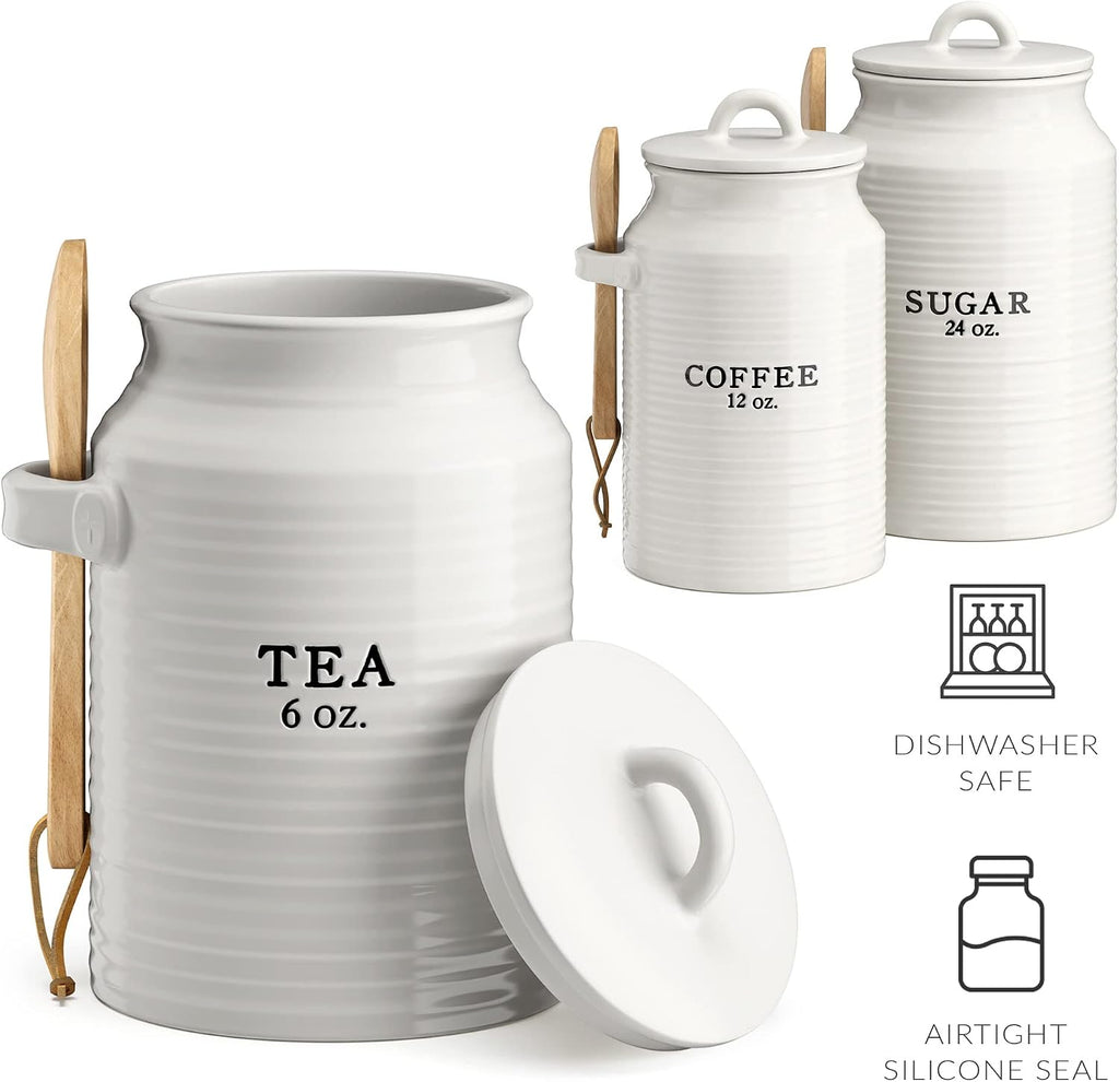 Ceramic Kitchen Canister Set White (Coffee/Sugar/Tea) - Set of 3
