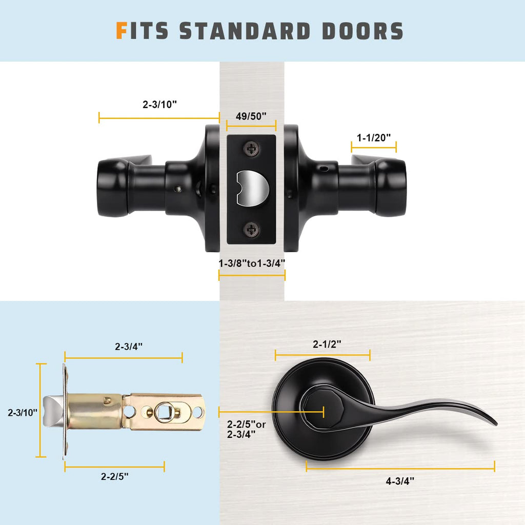 10 Pack Matte Black Finish Keyless Interior Door Handle, Classic Passage Door Lever Closet, Non-Locking Wave Style