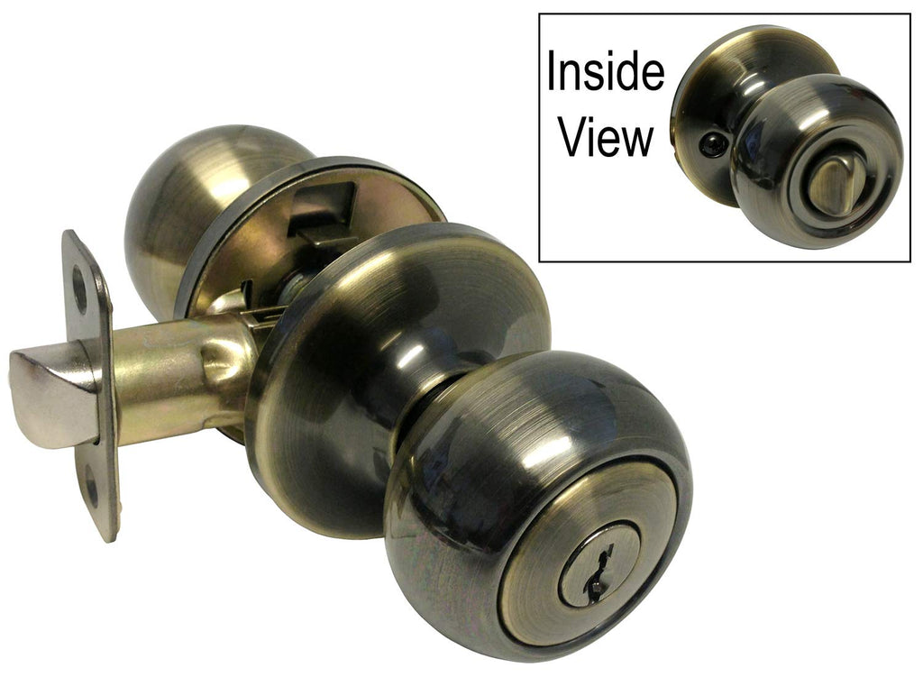1 Sets Antique Brass Entry Entrance Round Knob with Matching Single Cylinder Deadbolt Combo Pack Keyed Alike