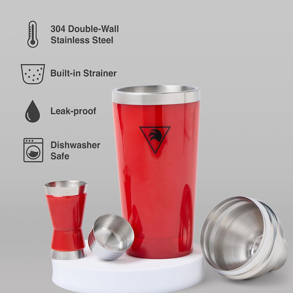 Cocktail Shaker Set 17oz - Red Stainless Steel Cobbler Shaker with Jigger, Leak-Proof & Non-Slip Base - Premium Bar