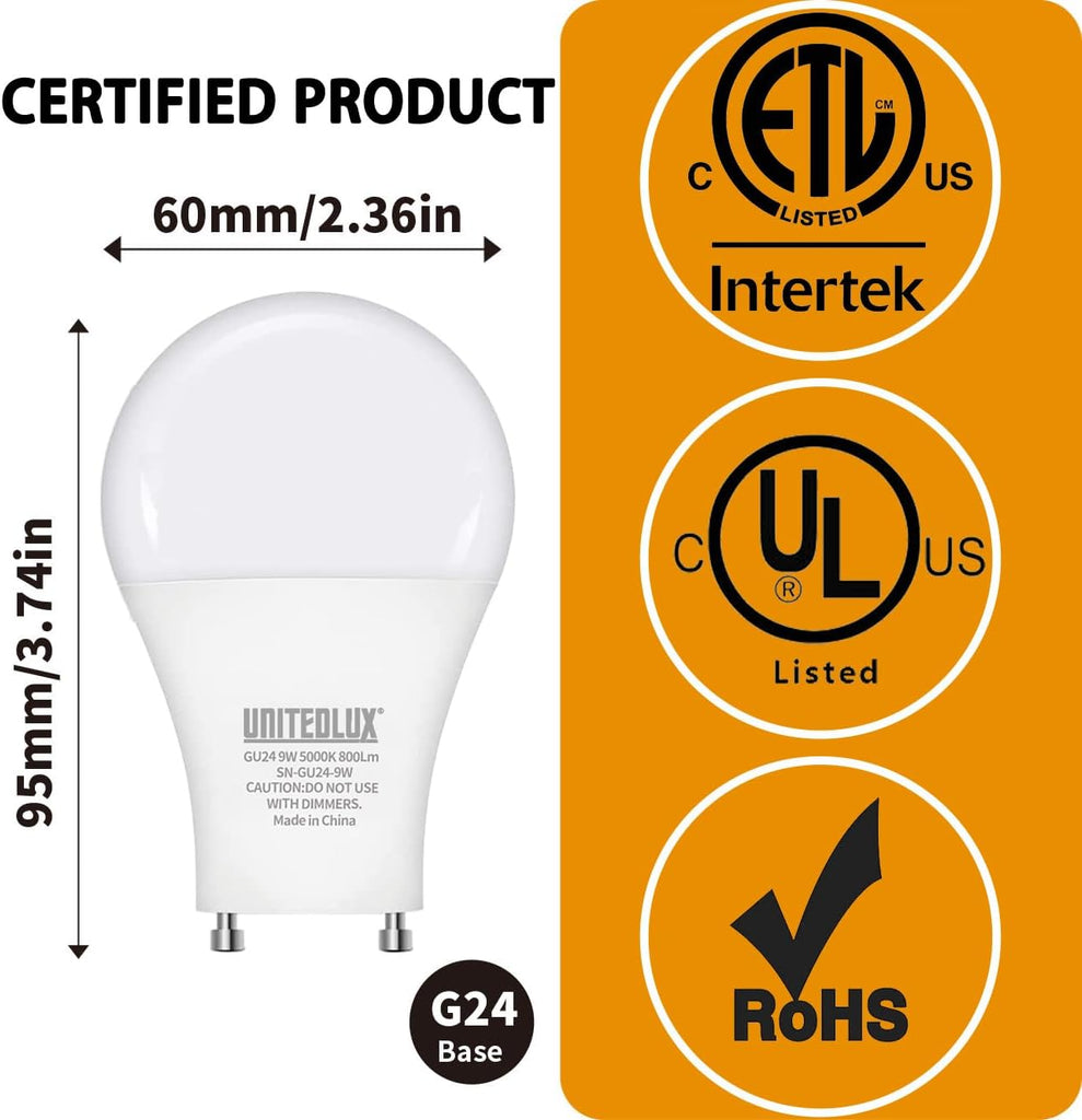 GU24 LED Light Bulb, 5000K Daylight, 9W(60W Equivalent), 800 Lumens, A19 Shape, Twist and Lock GU24 Pin Base with Two