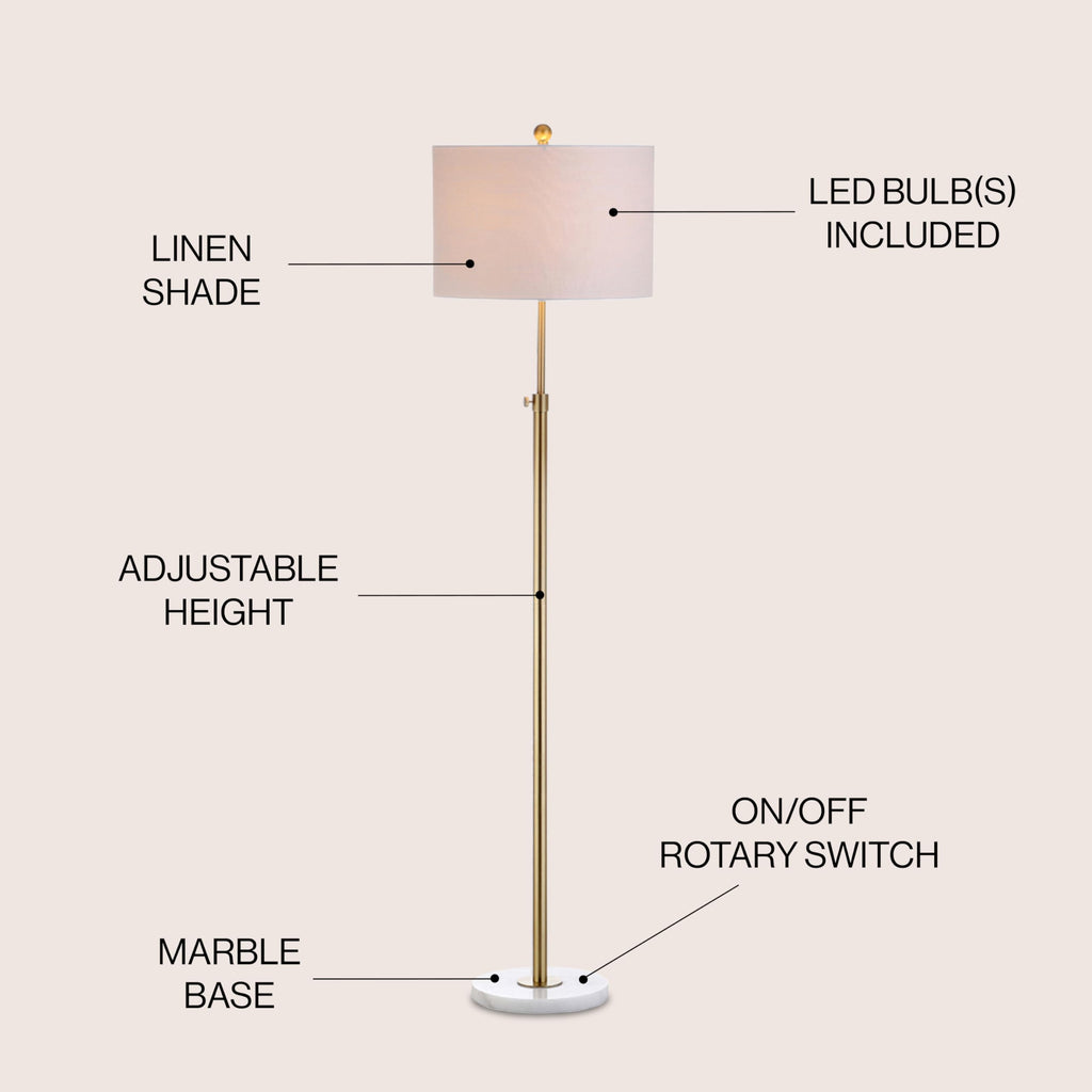 June 65" Adjustable Metal Marble Floor Lamp, Brass Gold