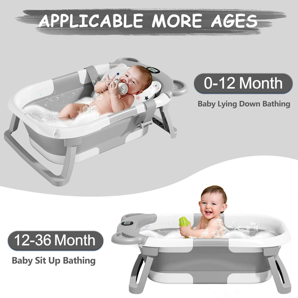 Collapsible Baby Bathtub, Baby Bath Tub with Soft Cushion & Real-Time Thermometer, Baby Bathtub Infant to Toddler Tub