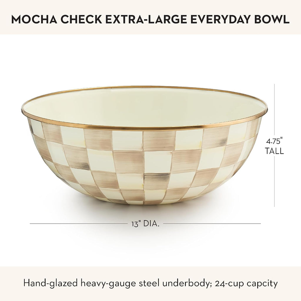 Everyday Bowl, Extra-Large, Brown-and-White Mocha Check | Hand-painted design, made from enameled steel, decorative