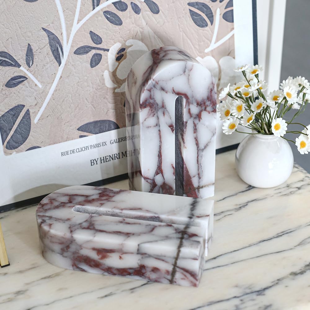 Natural Marble Bookends Decor, Book Ends Set of 1 | Decorative Bookends for Shelves - Heavy Duty Book Ends