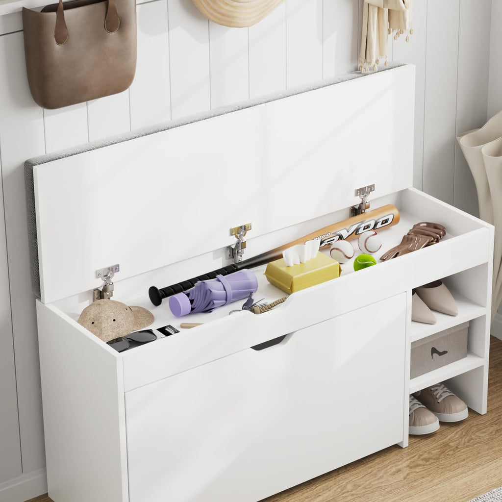 Shoe Storage Bench with 3-Tier Flip Drawer & Padded Cushion, Shoe Rack Bench with Flip-Open Storage Box, Shoe Storage