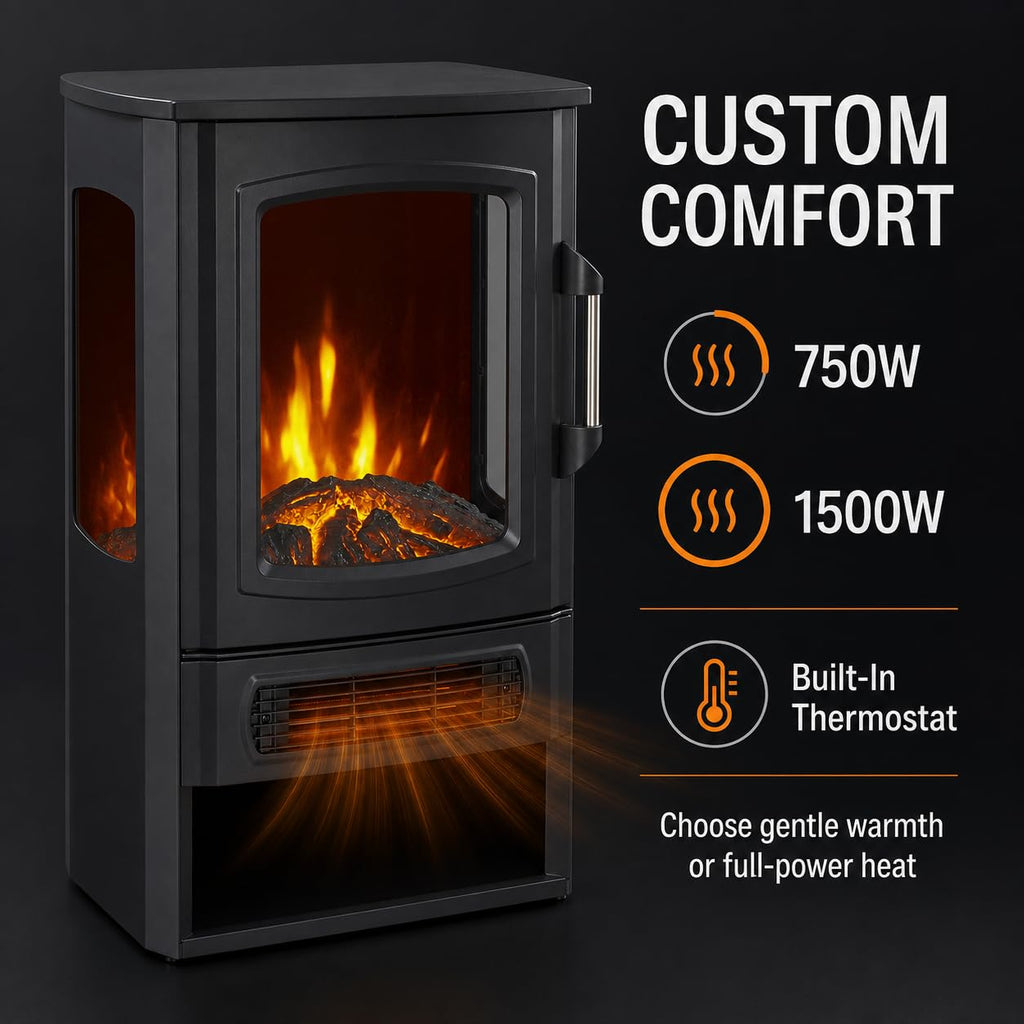 Three-Sided Electric Fireplace with Remote, 2-Stage with Heater, Thermostat & Timer, Iron+Glass+Plastic, Adjustable