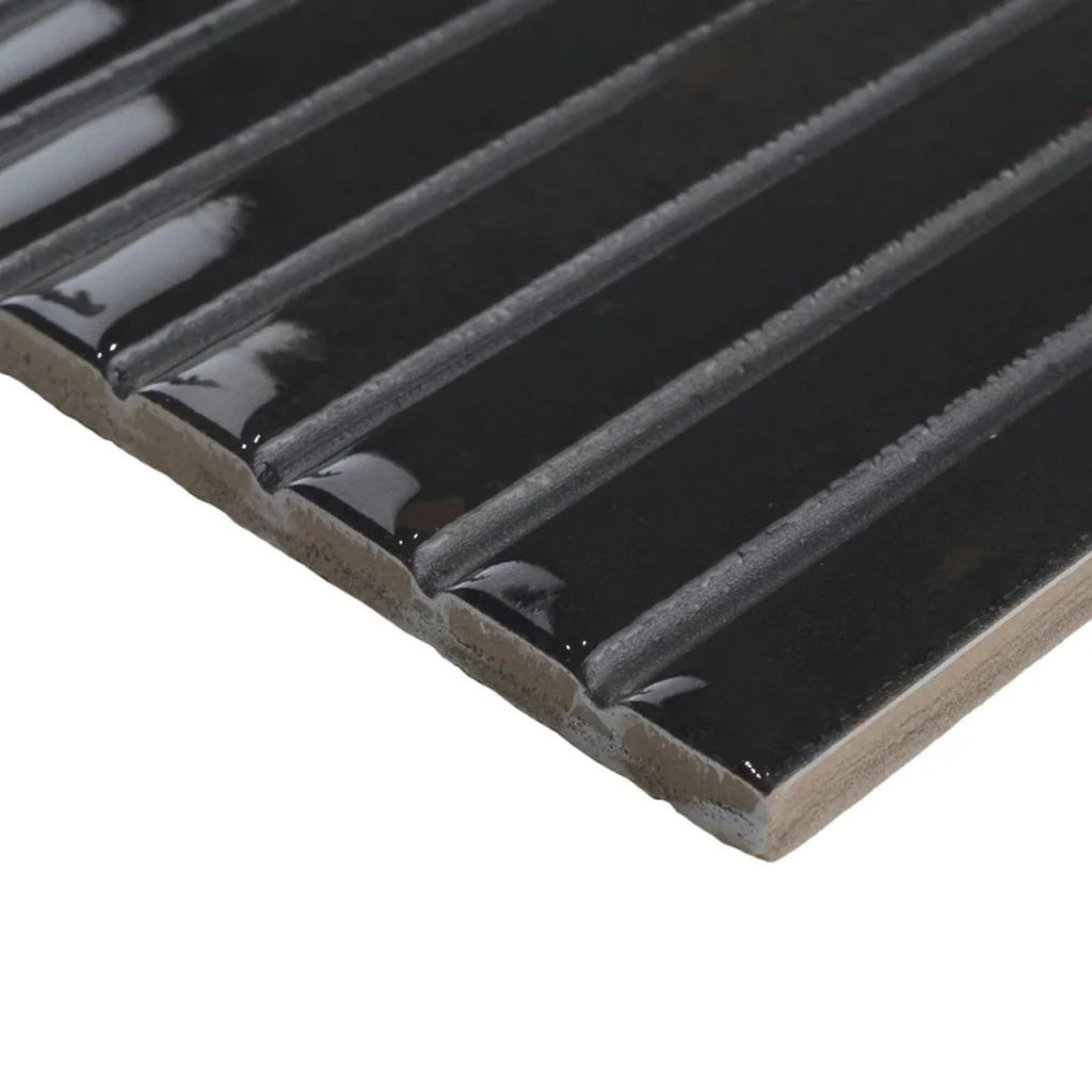 Scandia Glossy Black 4.5x9 Ribbed Porcelain Wall Tile, 3D KitKat Fluted Decorative Tile Backsplash, Bathroom, Shower