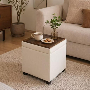 15 inch Square Storage Ottoman with Tray Lid, Modern Tufted Fabric Cube Coffee Table with Storage, Upholstered Ottoman