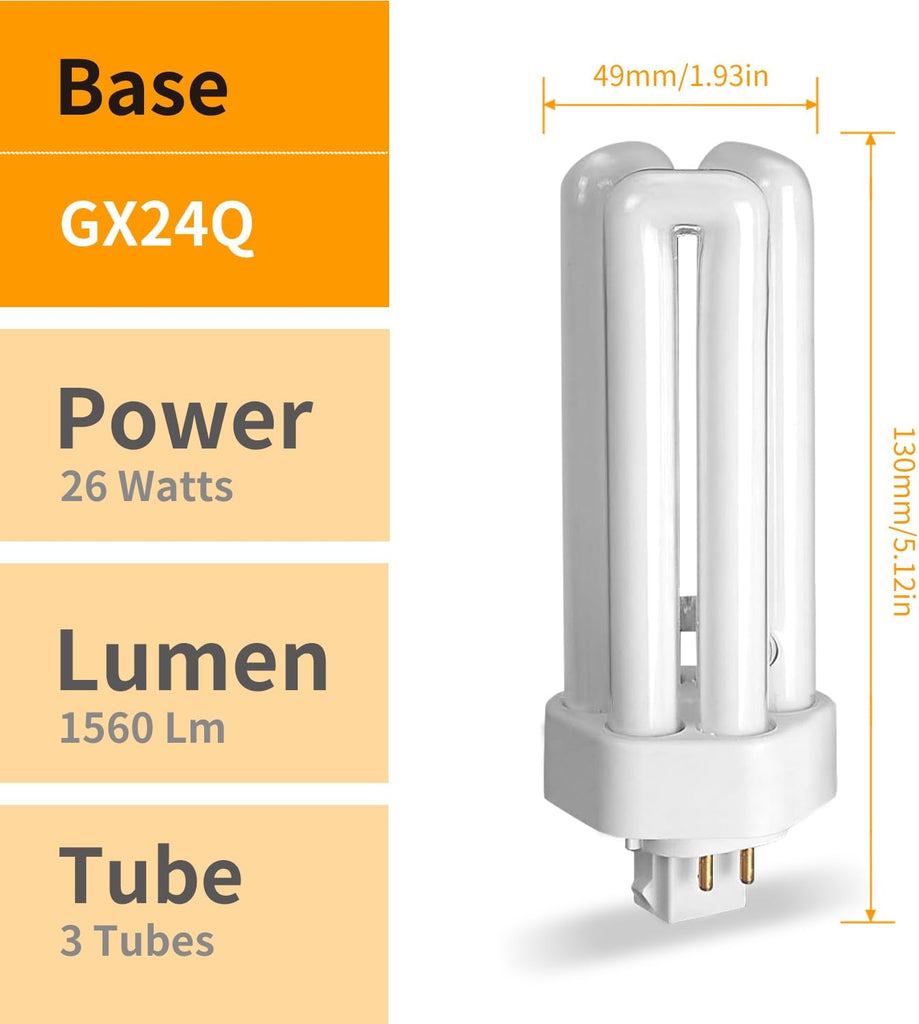 PL-T 26W 4-Pin CFL Bulbs 4-Pack, GX24Q-3 Base 4100K Cool White, Energy Saving Direct Replacement for Commercial