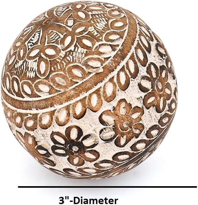 Decorative Balls Mango Wood Handmade Intricately Carved Ball with Floral Patterns (3" x 3"x 3") - Set of 3