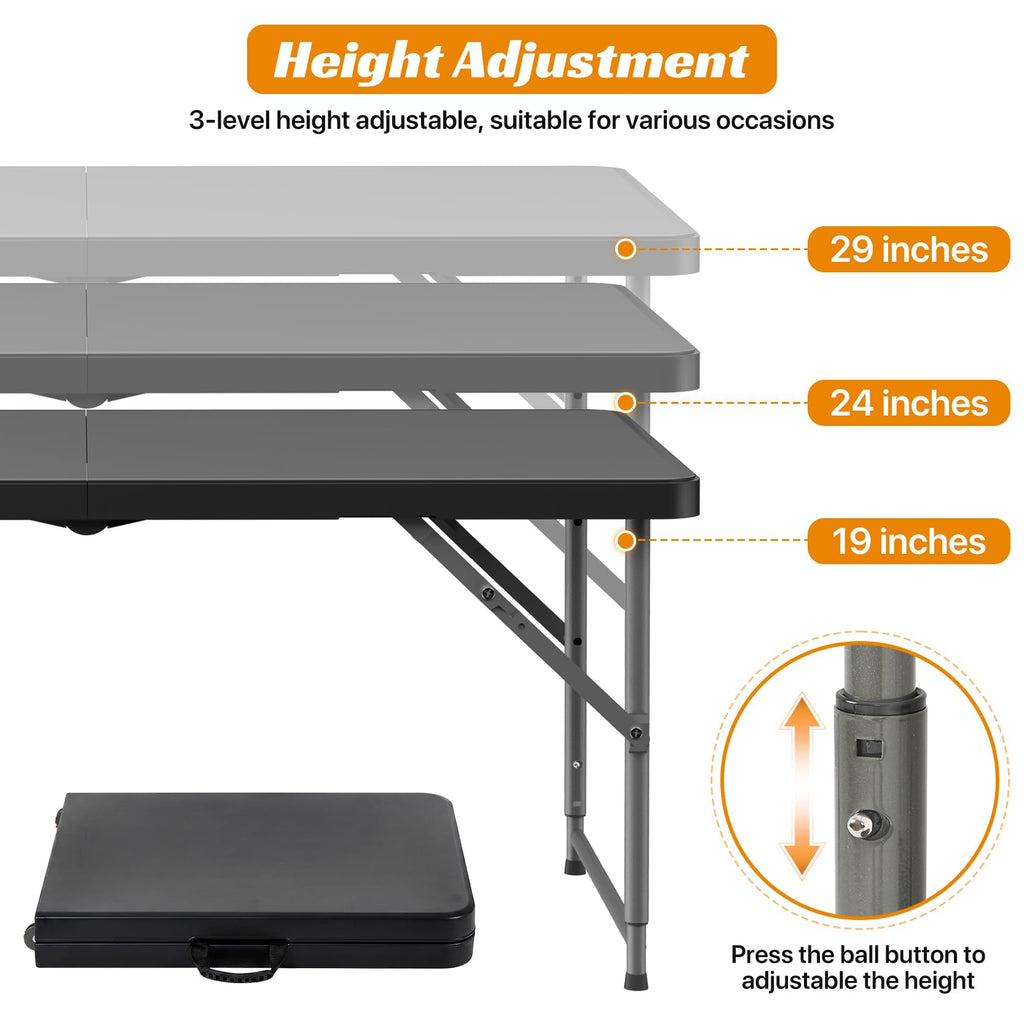 4ft Folding Table, Adjustable Height Plastic Foldable Table, Black
