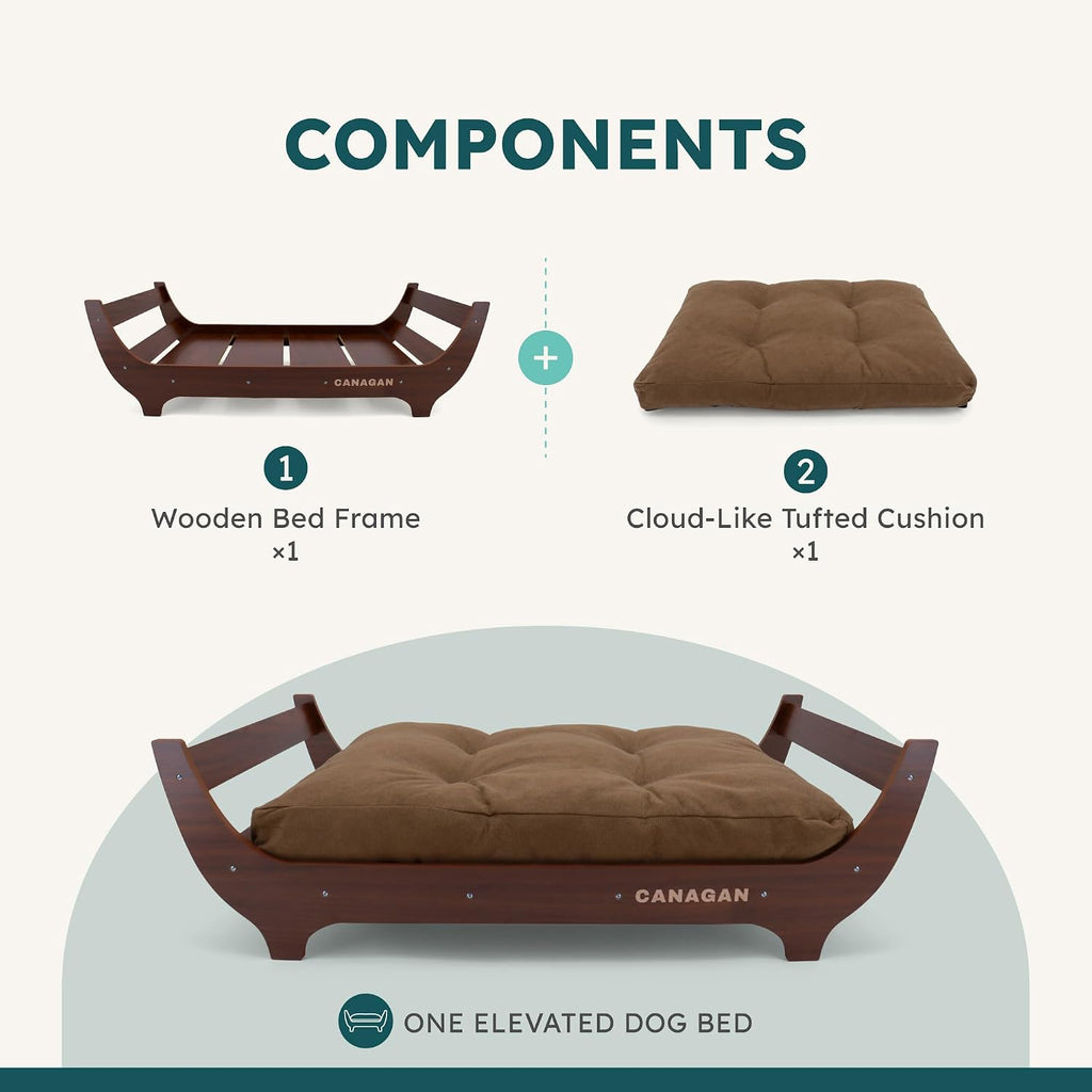 Elevated Wood Dog Bed Frame with Cushion, WalnutPattern, Large