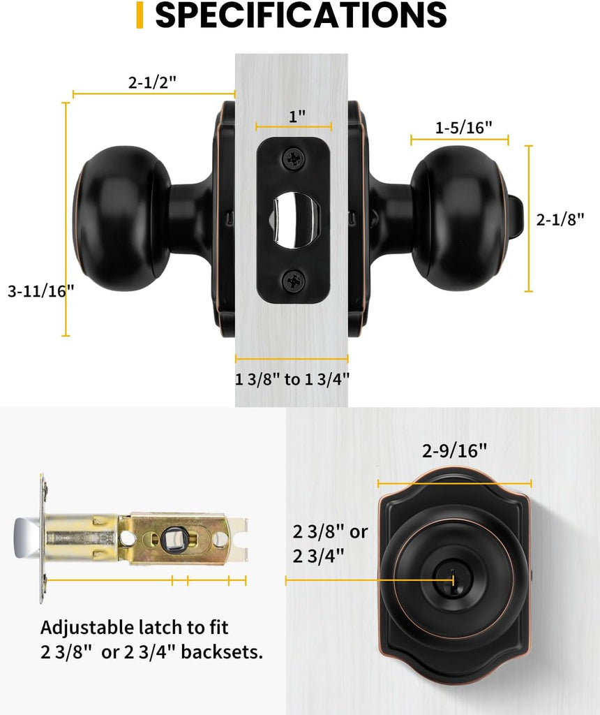 Keyed-Alike Exterior Door Knob with Lock and Key, Oil Rubbed Bronze Front Door Knob, Secure Outdoor Door knobs Entry